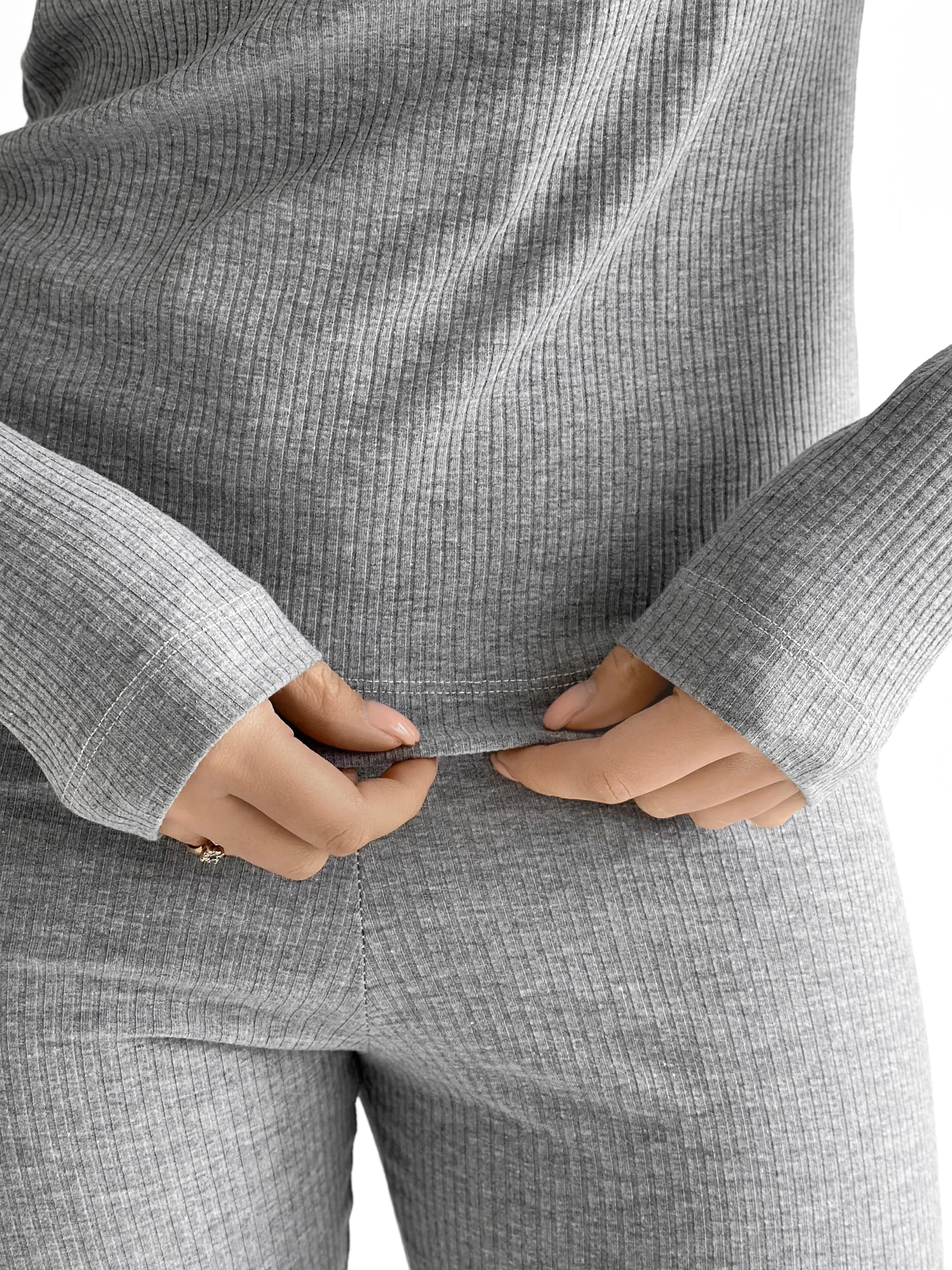 Rib knitwear Long sleeve suit and leggings gray