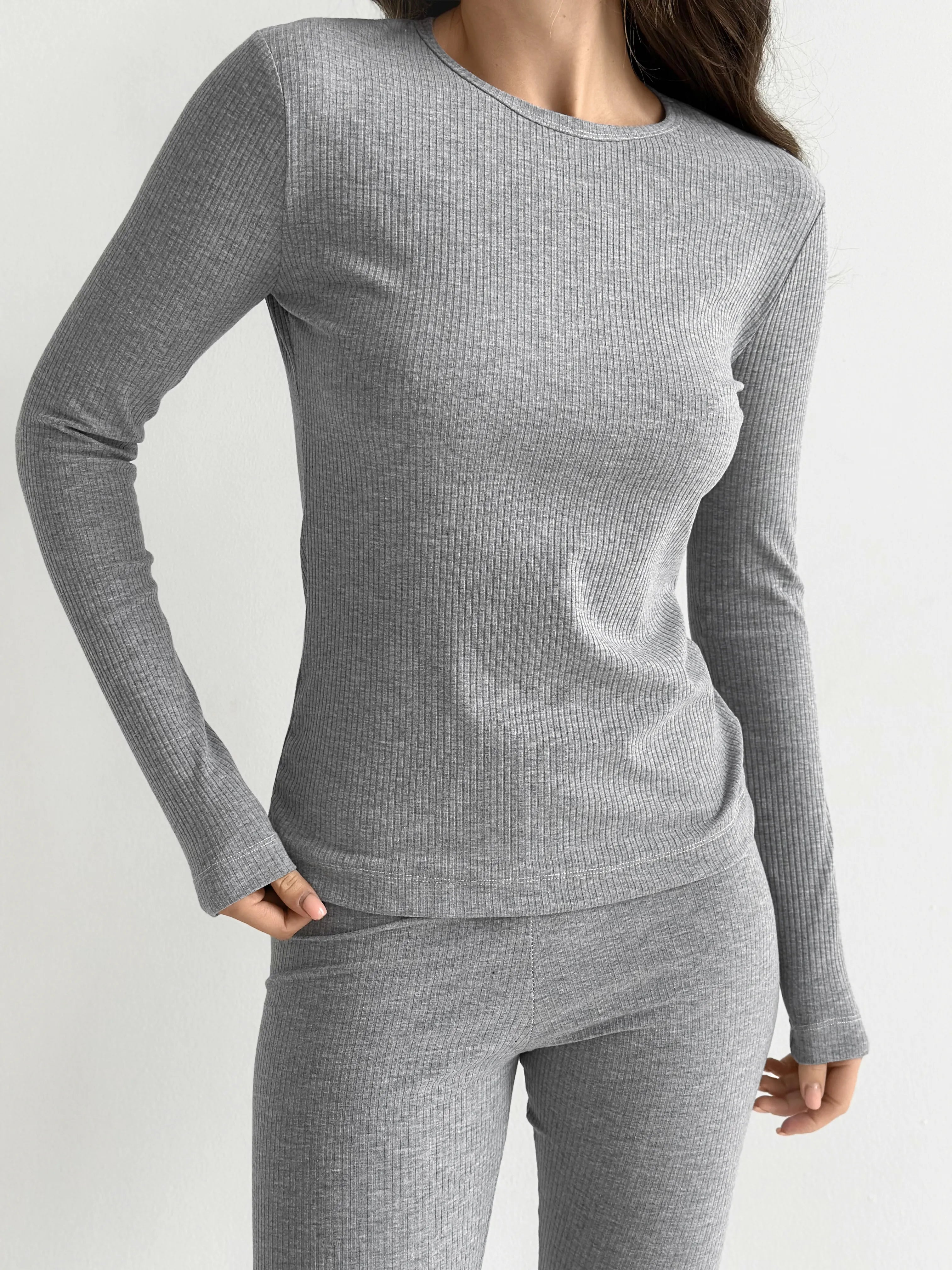 Rib knitwear Long sleeve suit and leggings gray