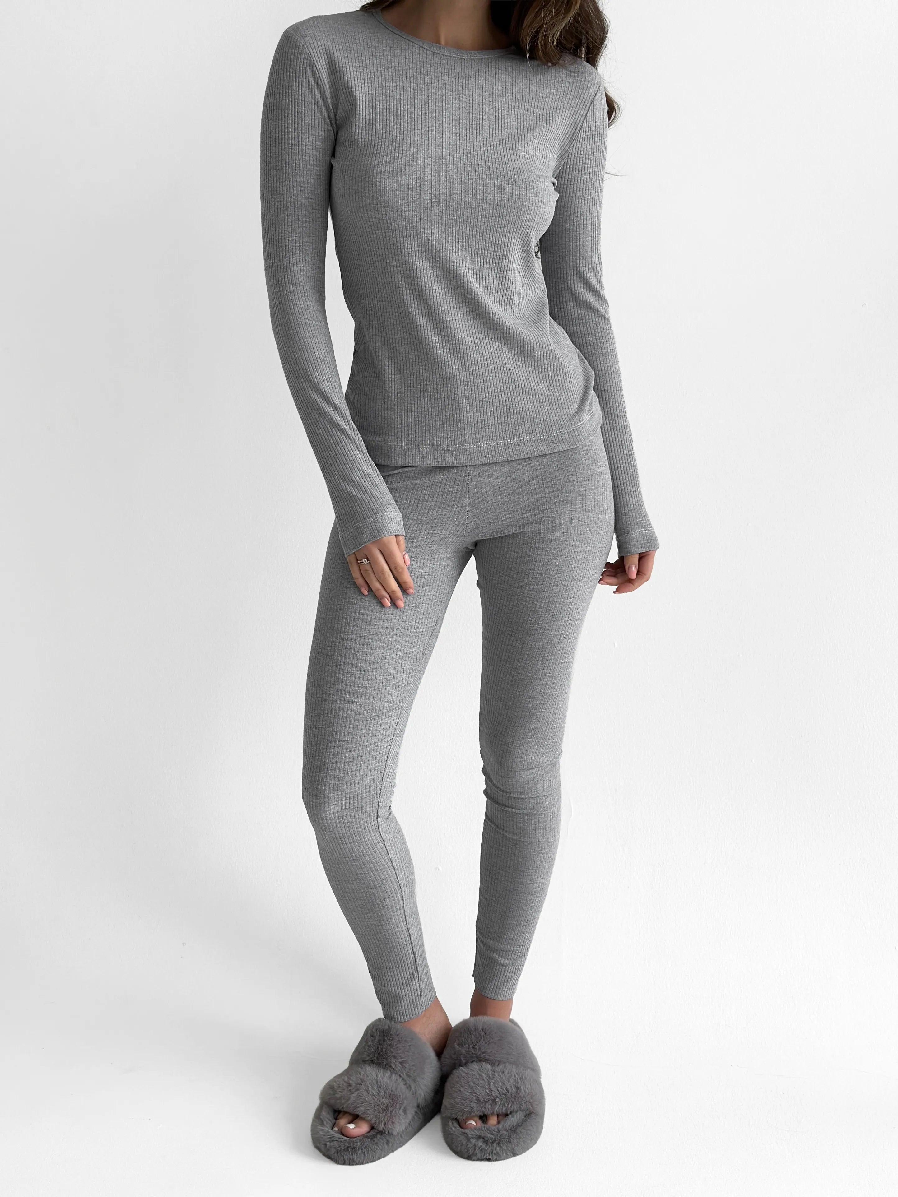Rib knitwear Long sleeve suit and leggings gray