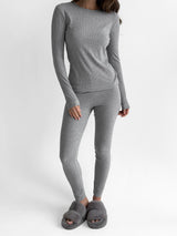Rib knitwear Long sleeve suit and leggings gray