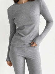 Rib knitwear Long sleeve suit and leggings gray