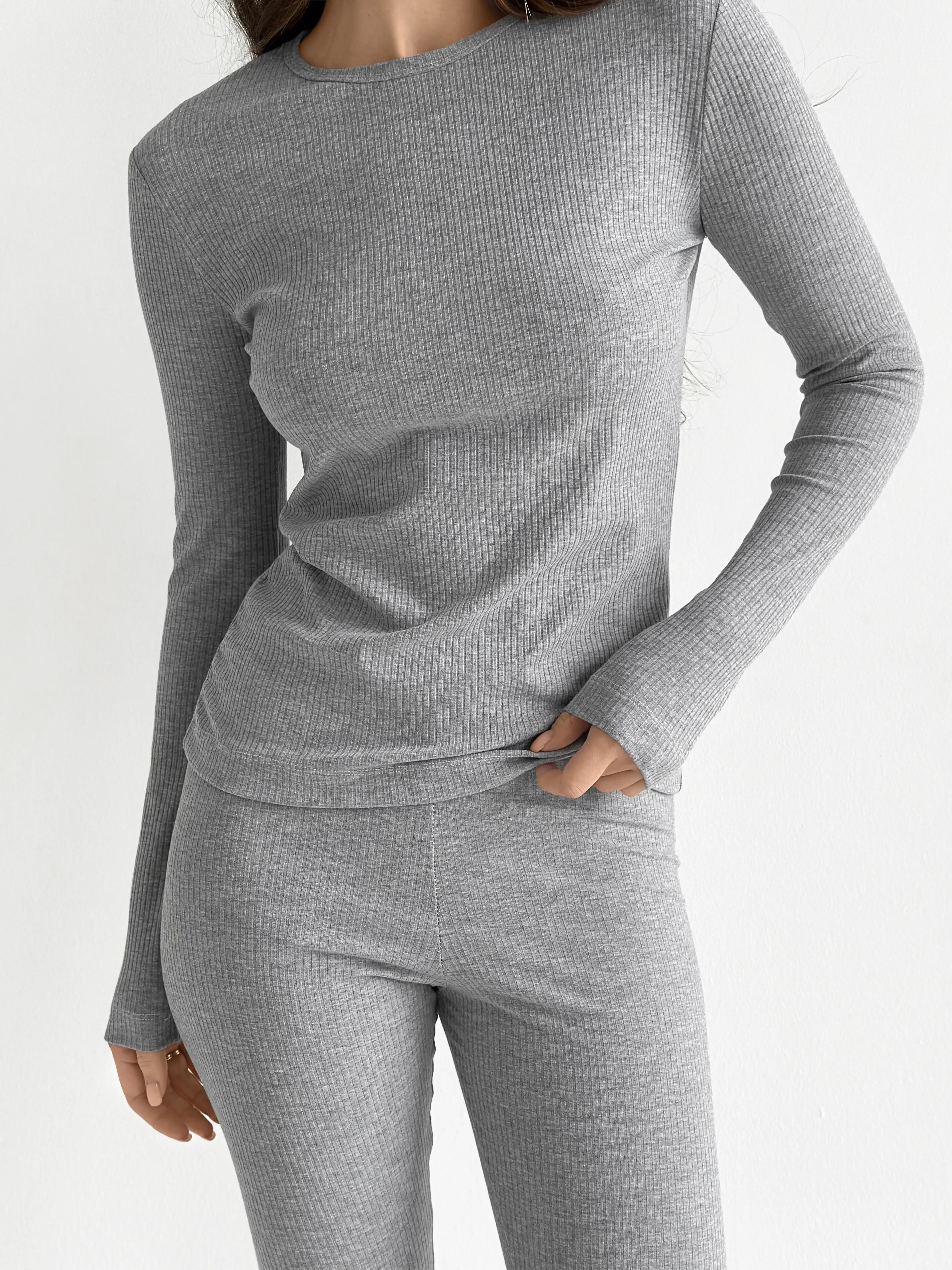 Rib knitwear Long sleeve suit and leggings gray