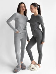 Rib knitwear Long sleeve suit and leggings gray
