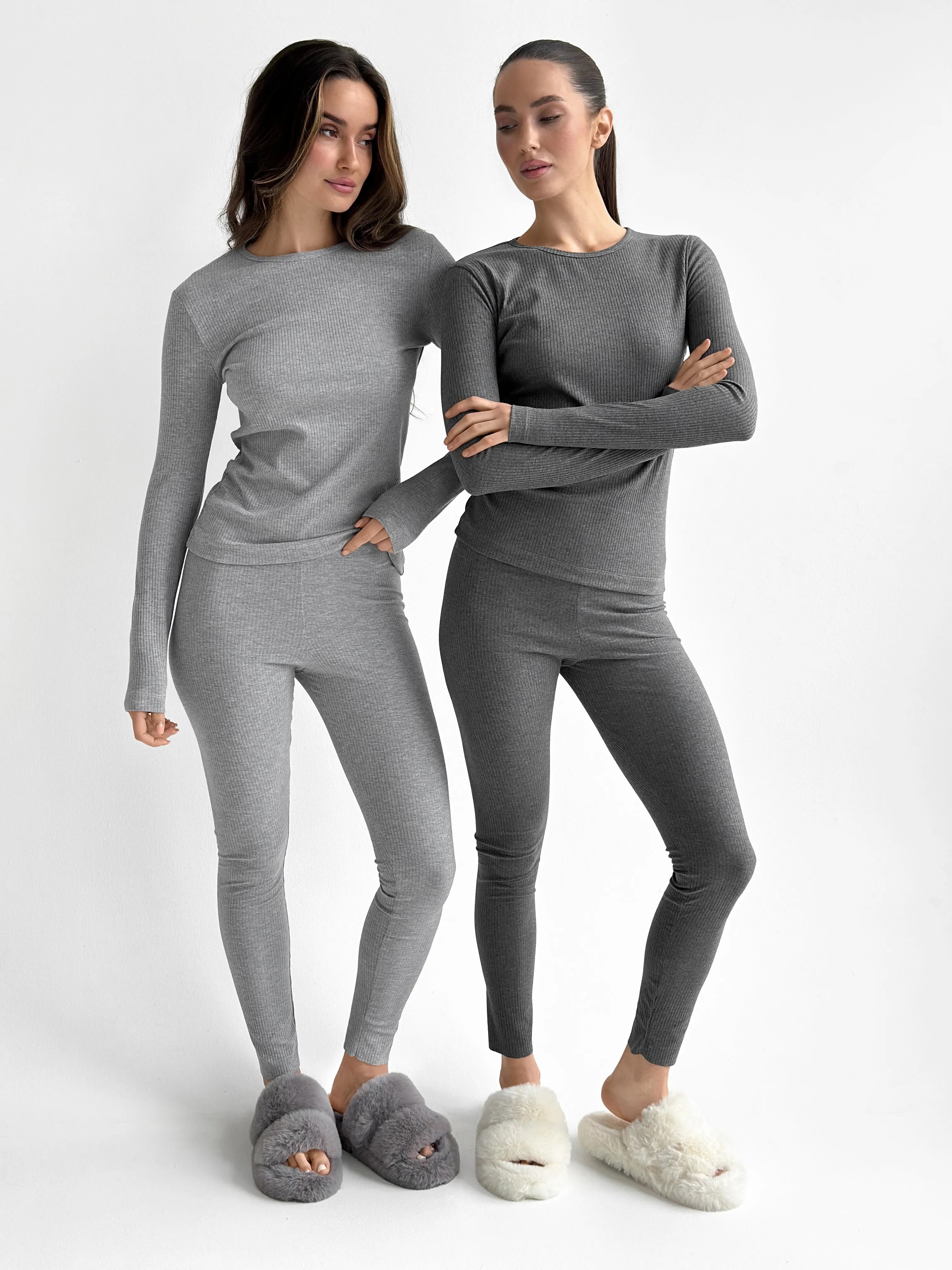 Rib knitwear Long sleeve suit and leggings gray