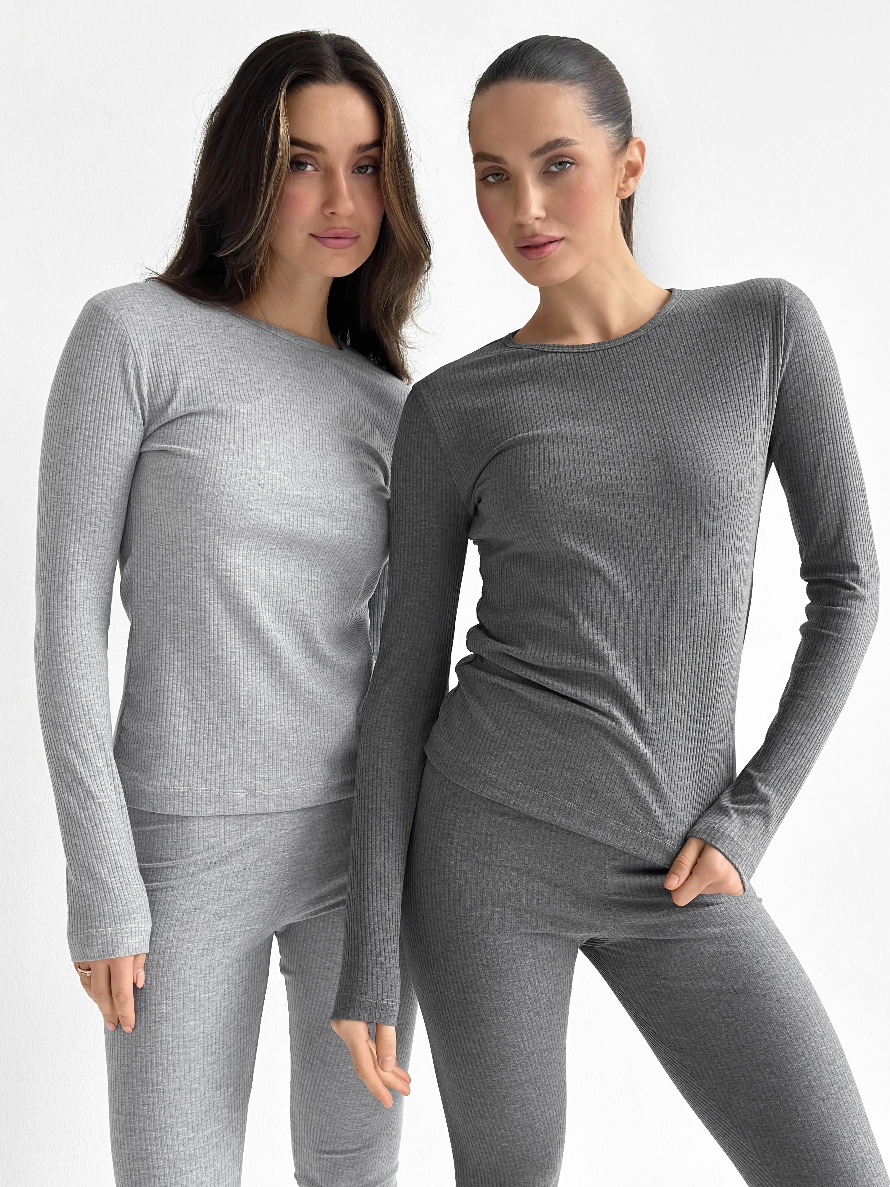 Rib knitwear Long sleeve suit and leggings gray