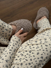 Ribbed knitted suit wide pants + longsleeves milky with flower