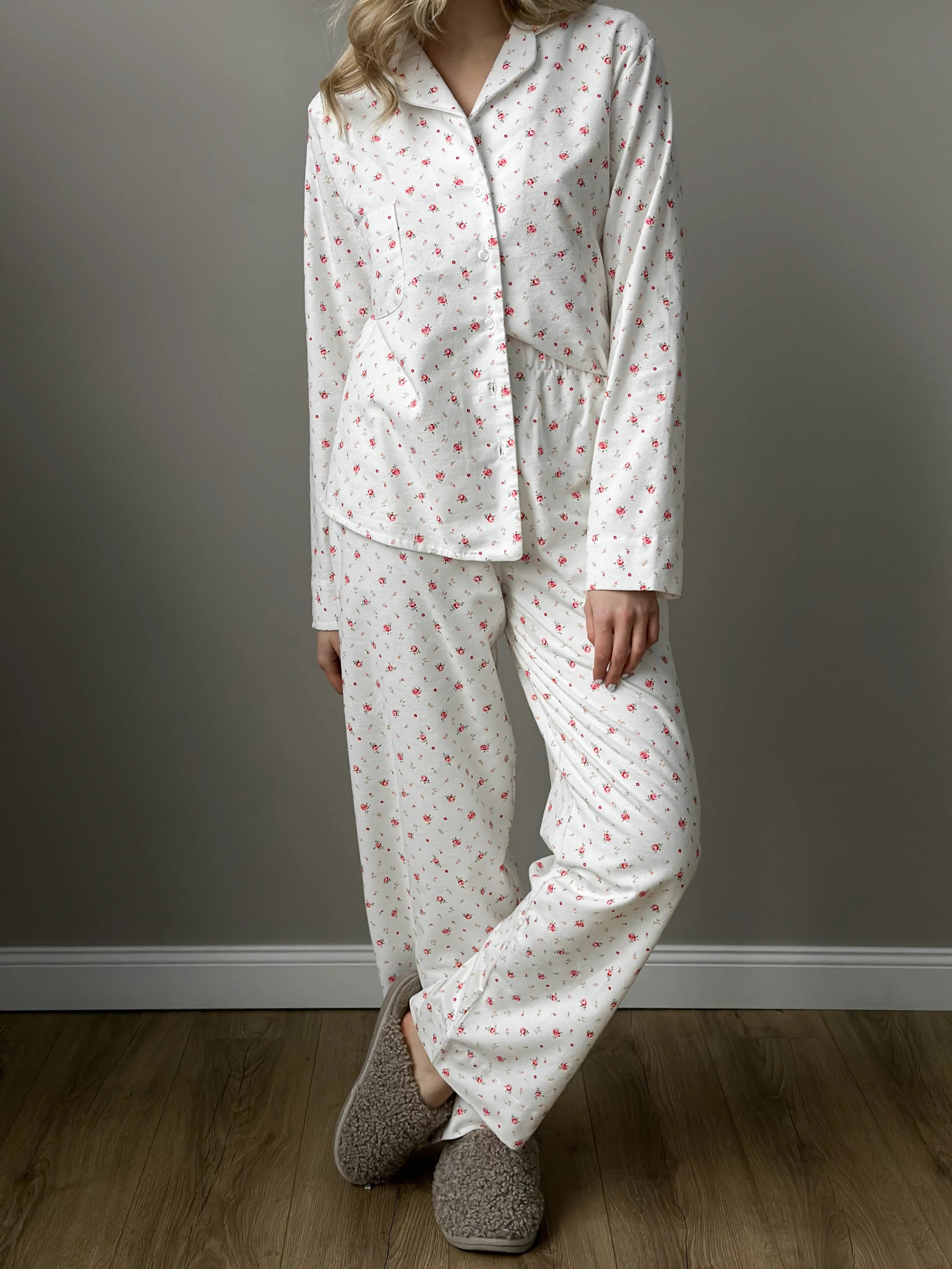 Flannel pajama set white "rose"
