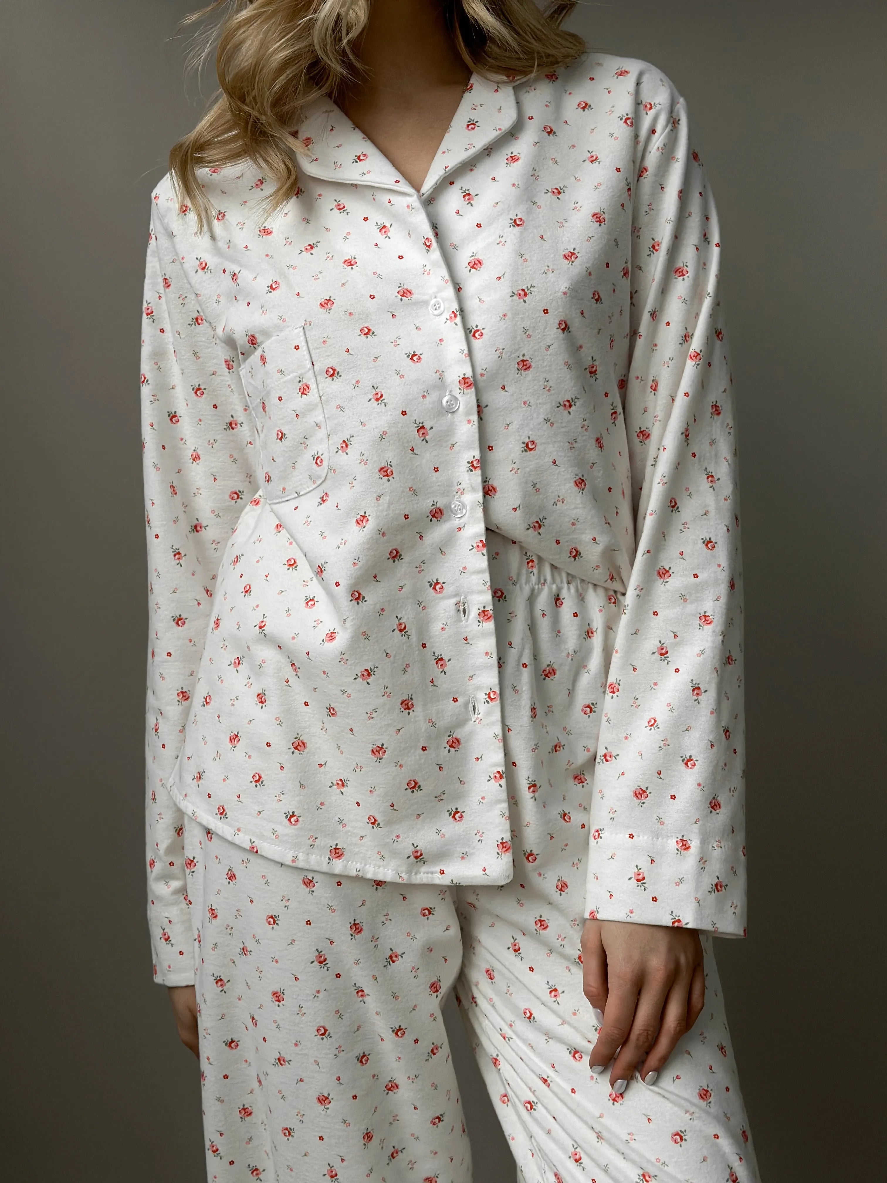 Flannel pajama set white "rose"