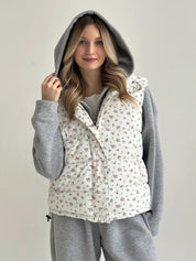 Quilted puffy vest, white with pink flower, onesize