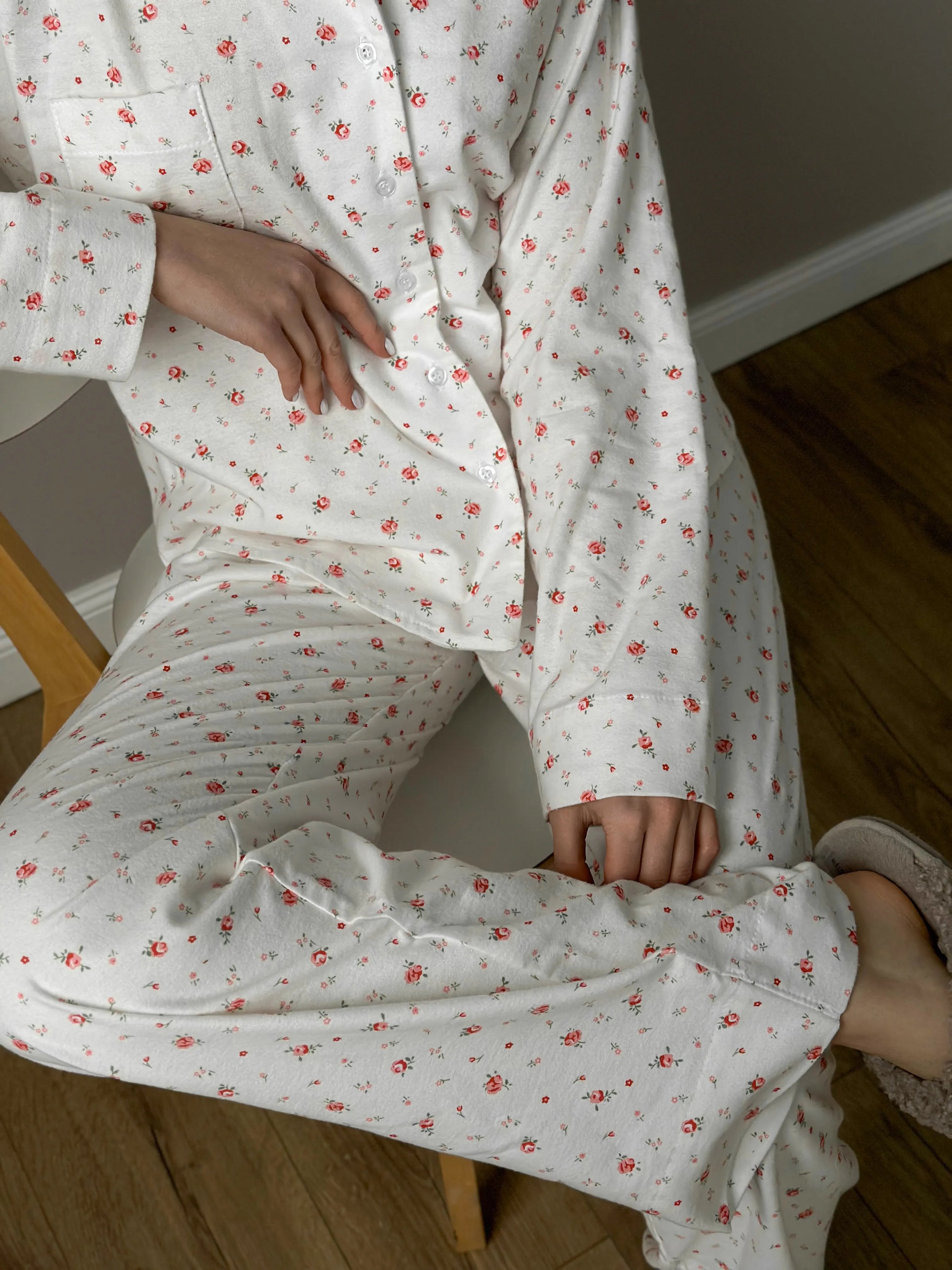 Flannel pajama set white "rose"