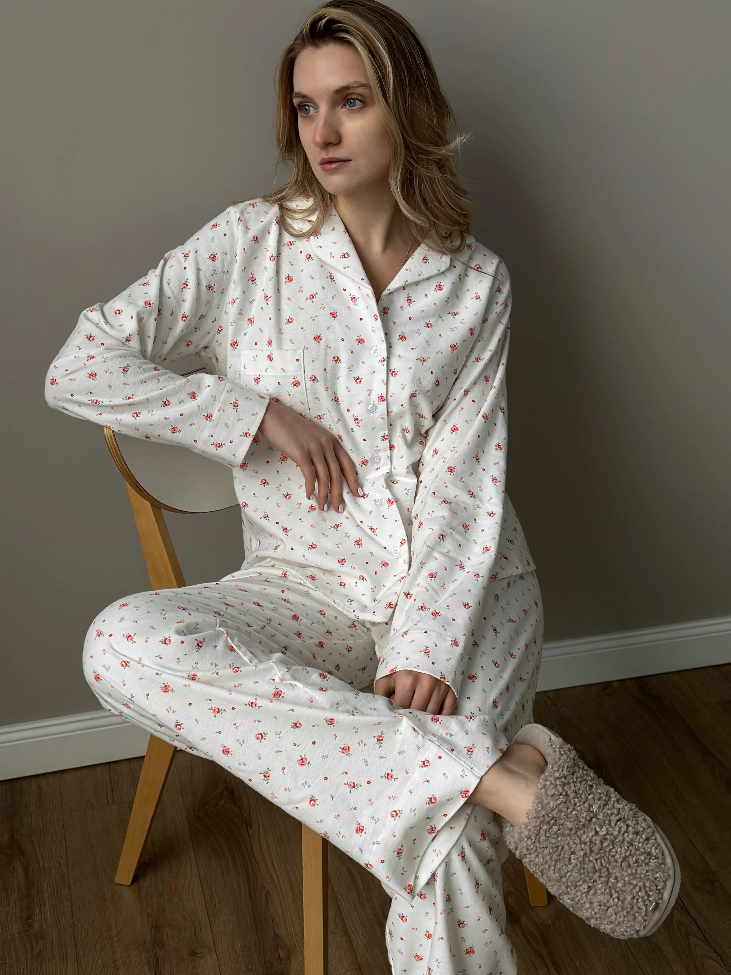 Flannel pajama set white "rose"