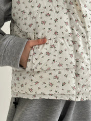 Quilted puffy vest, white with pink flower, onesize
