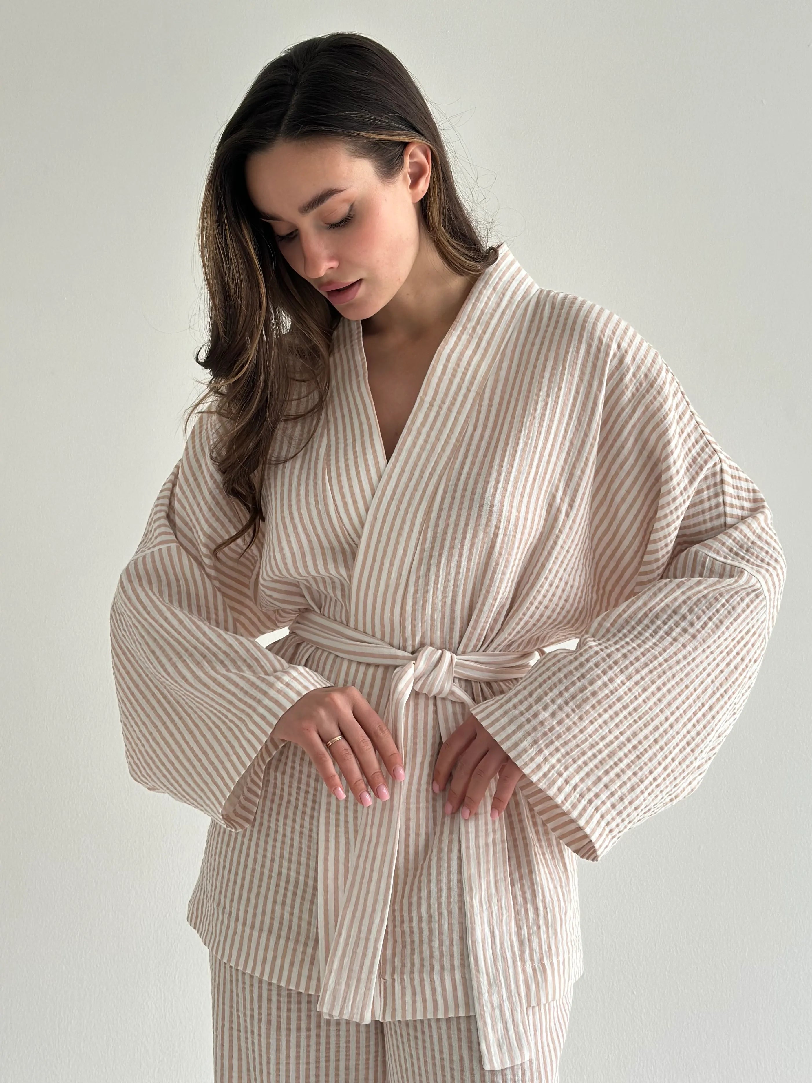 Muslin set 2-layer kimono and pants striped beige