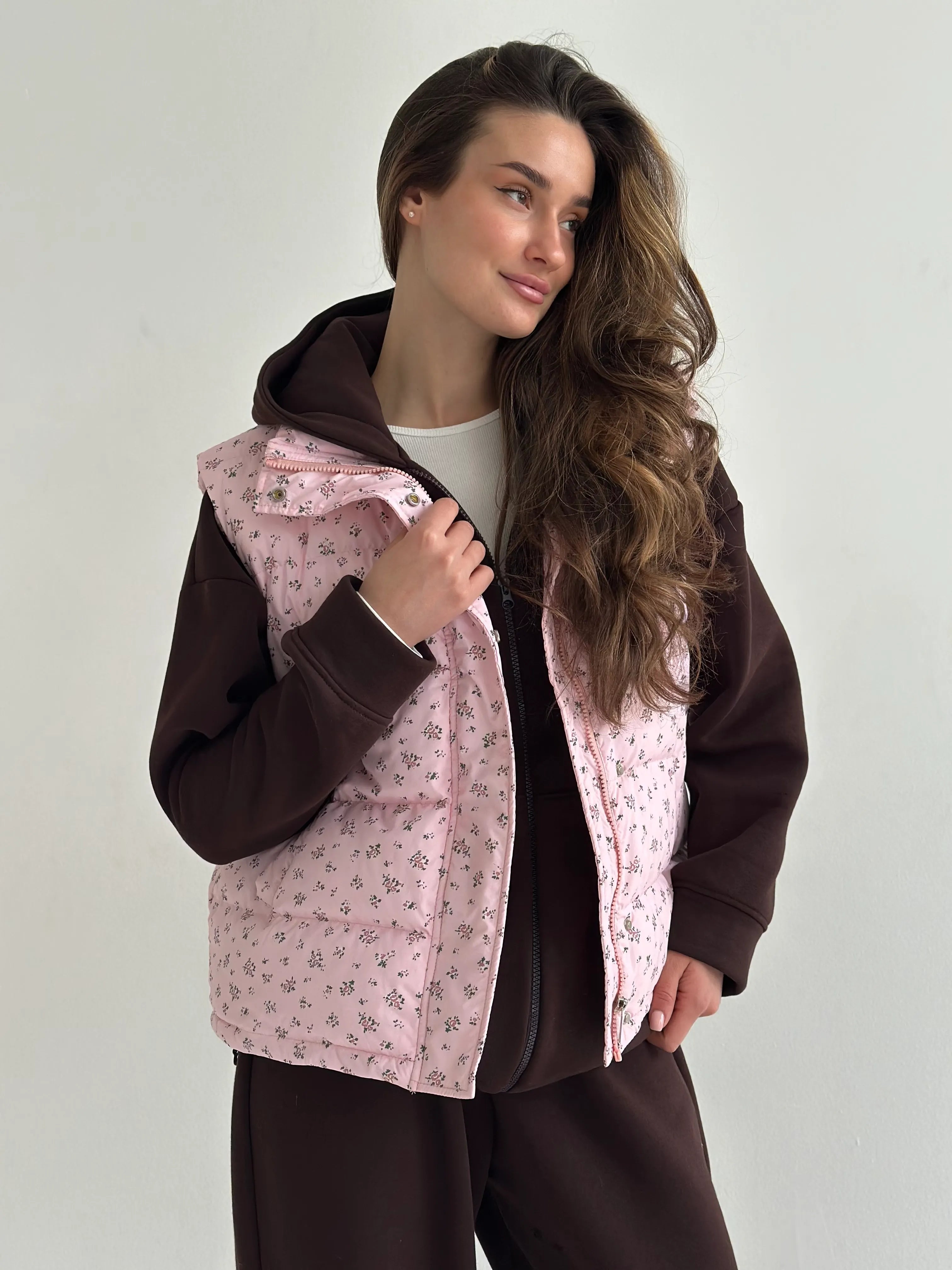 Quilted puffy vest pink with flower onesize