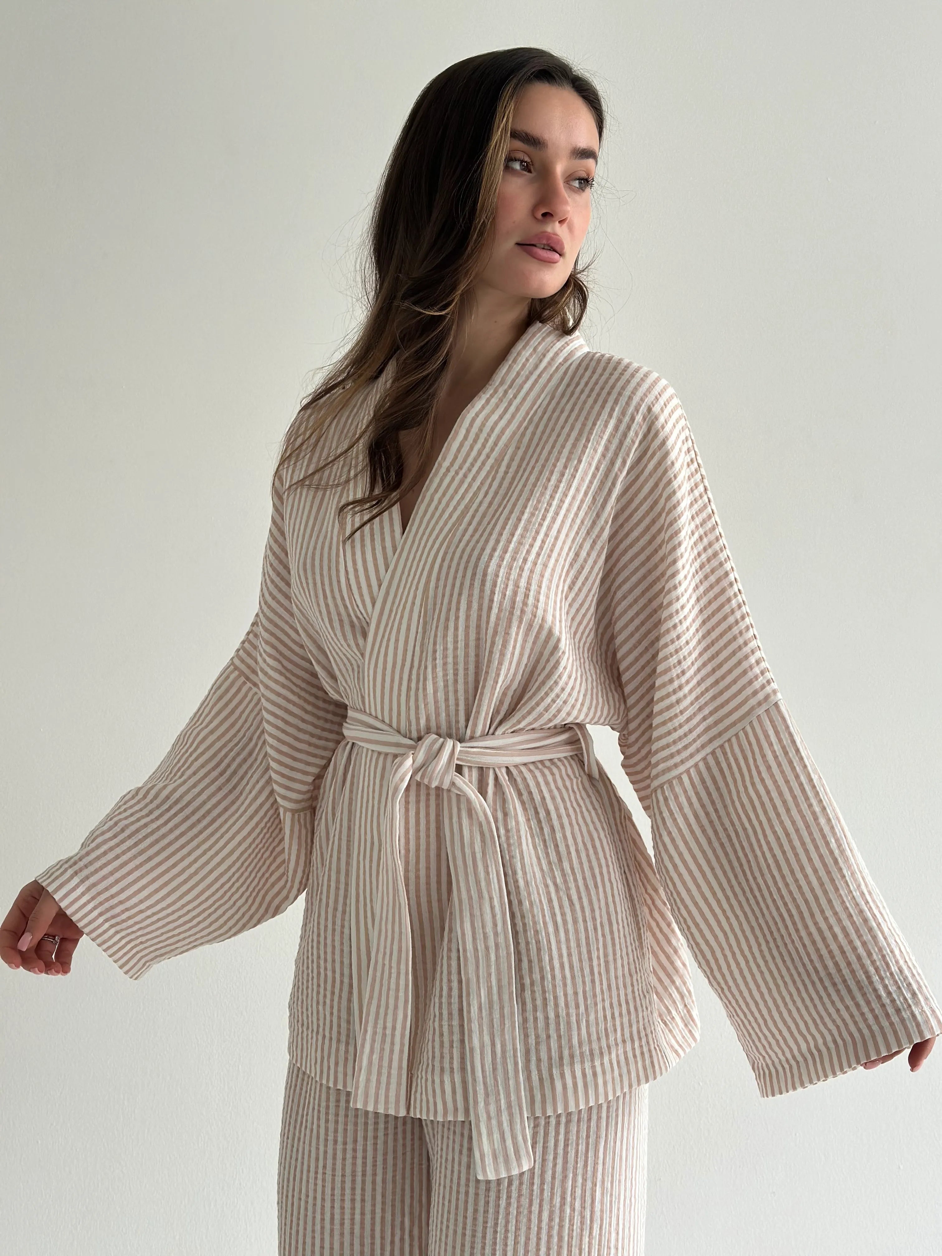 Muslin set 2-layer kimono and pants striped beige