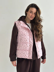 Quilted puffy vest pink with flower onesize