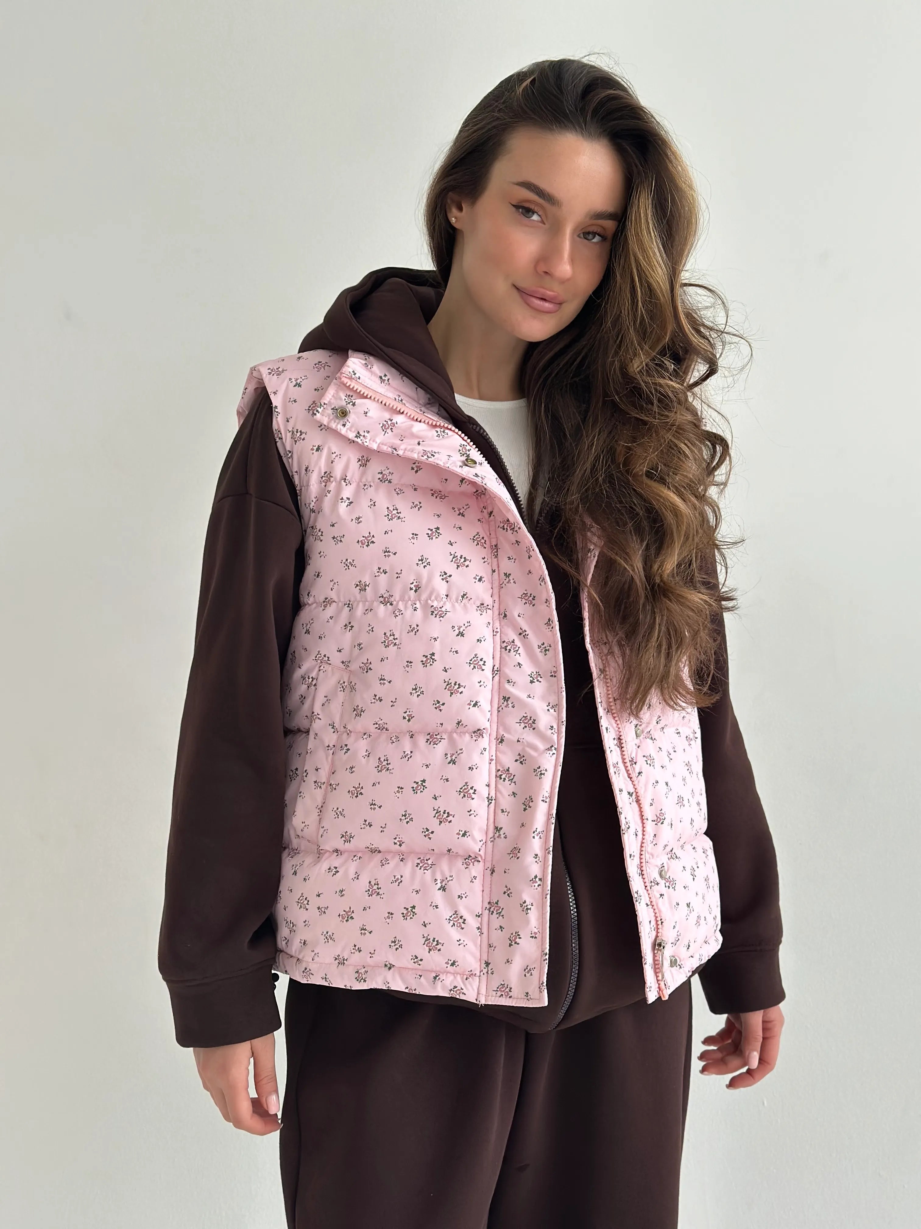 Quilted puffy vest pink with flower onesize