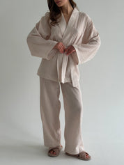 Muslin set 2-layer kimono and pants striped beige