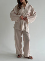 Muslin set 2-layer kimono and pants striped beige