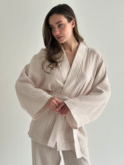 Muslin set 2-layer kimono and pants striped beige