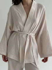 Muslin set 2-layer kimono and pants striped beige