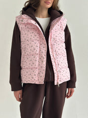 Quilted puffy vest pink with flower onesize