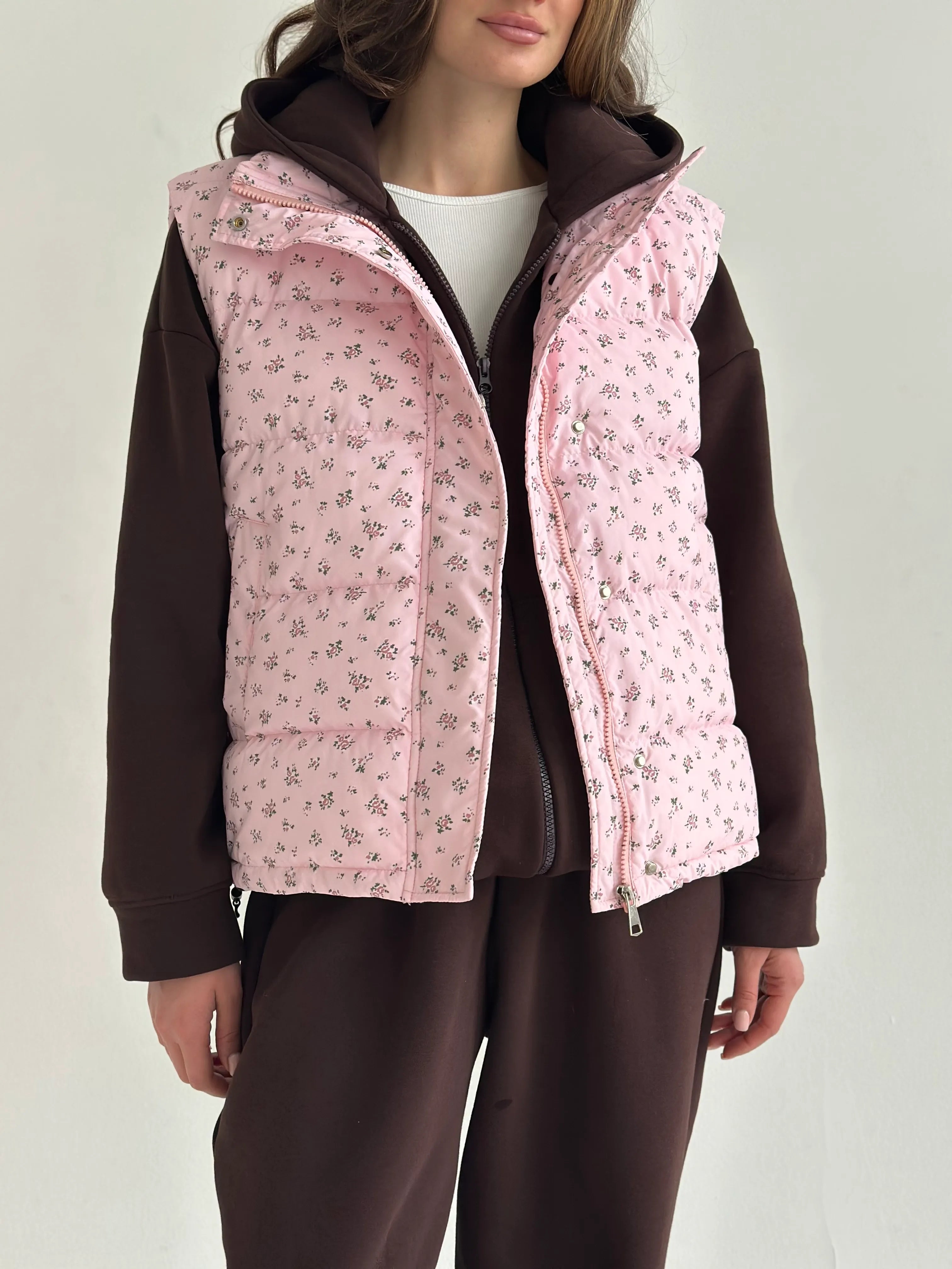 Quilted puffy vest pink with flower onesize
