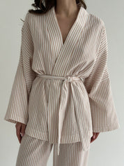 Muslin set 2-layer kimono and pants striped beige