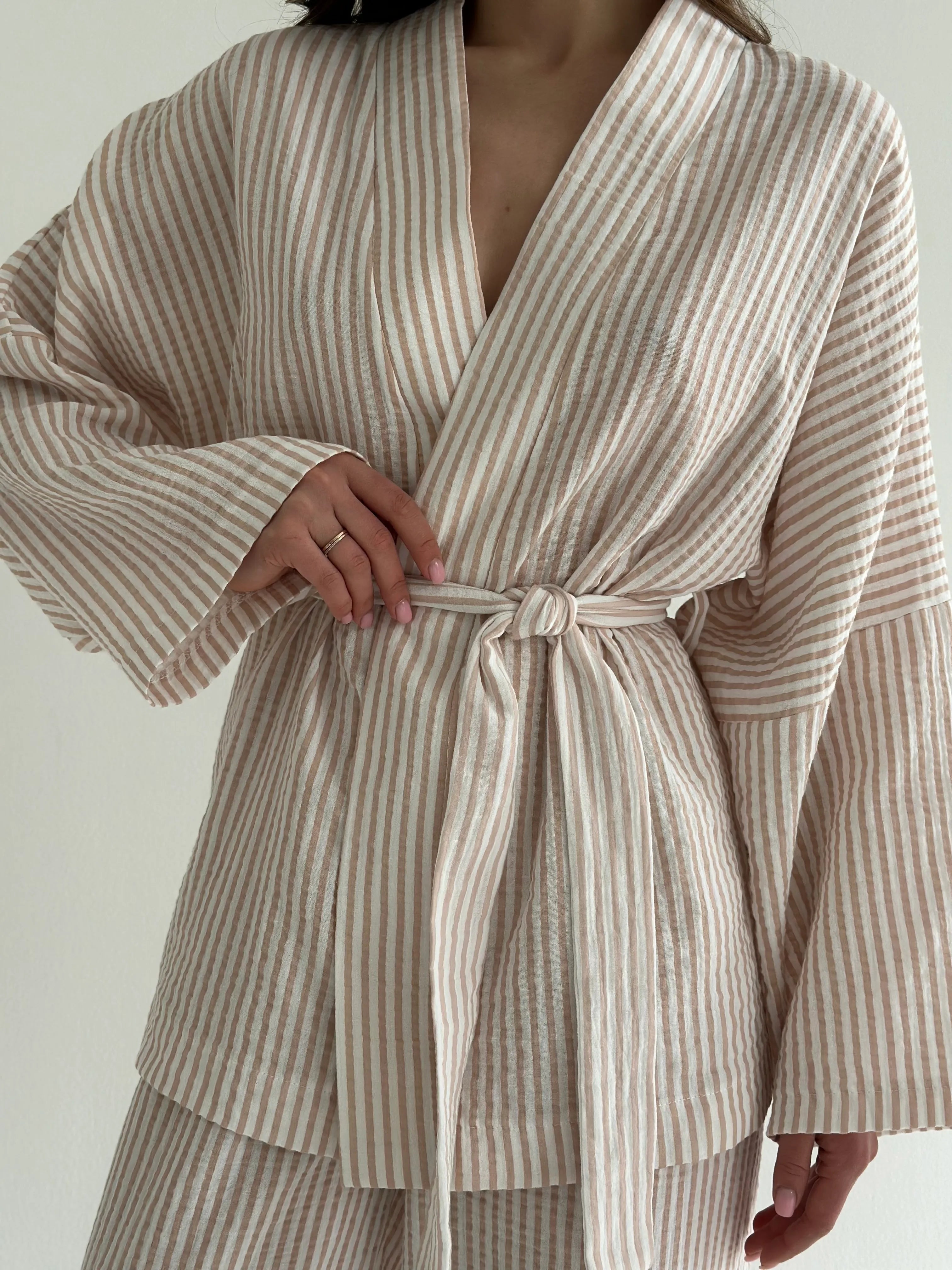 Muslin set 2-layer kimono and pants striped beige