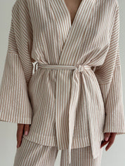 Muslin set 2-layer kimono and pants striped beige