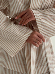 Muslin set 2-layer kimono and pants striped beige