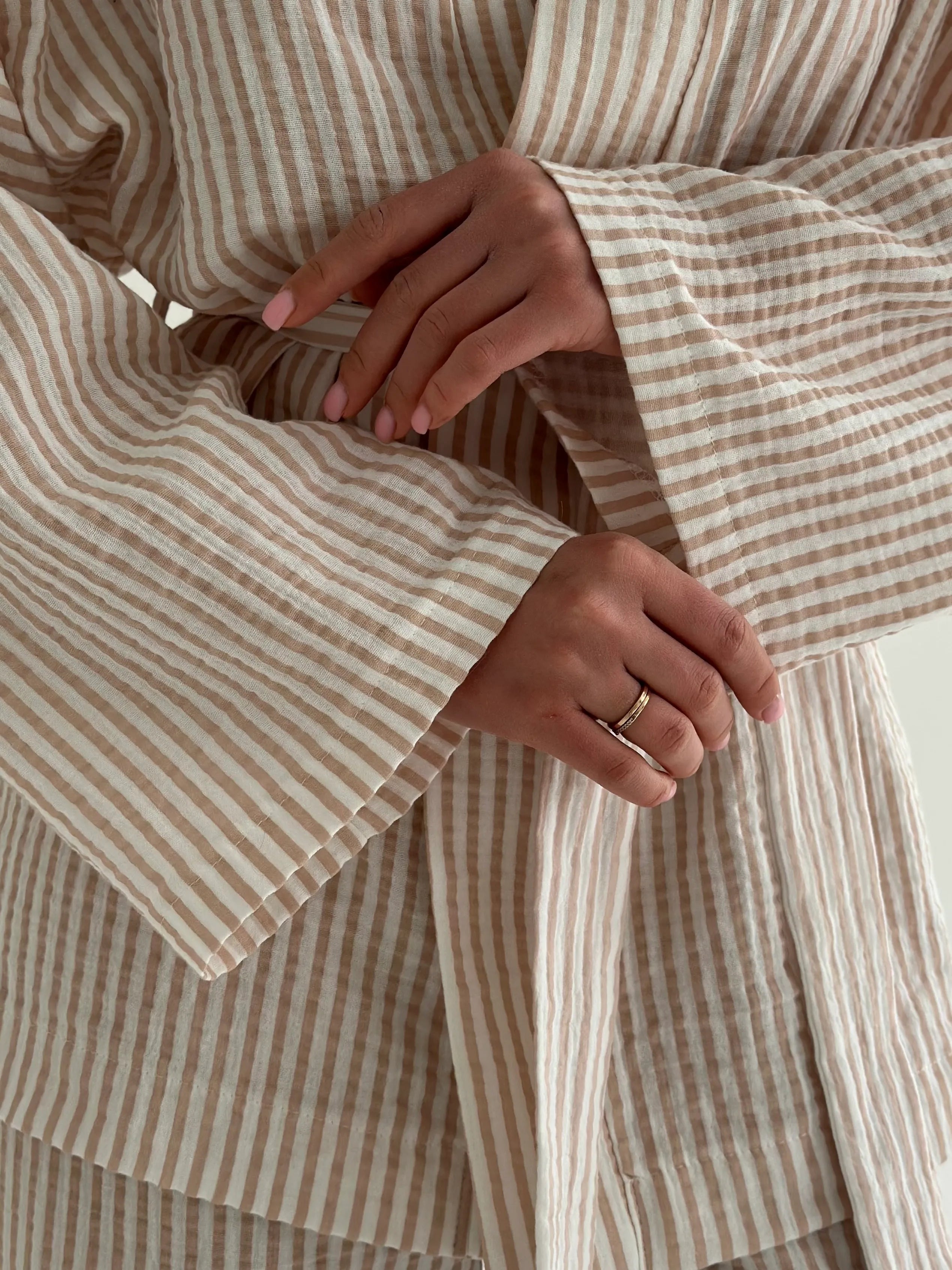 Muslin set 2-layer kimono and pants striped beige
