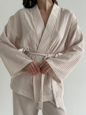 Muslin set 2-layer kimono and pants striped beige