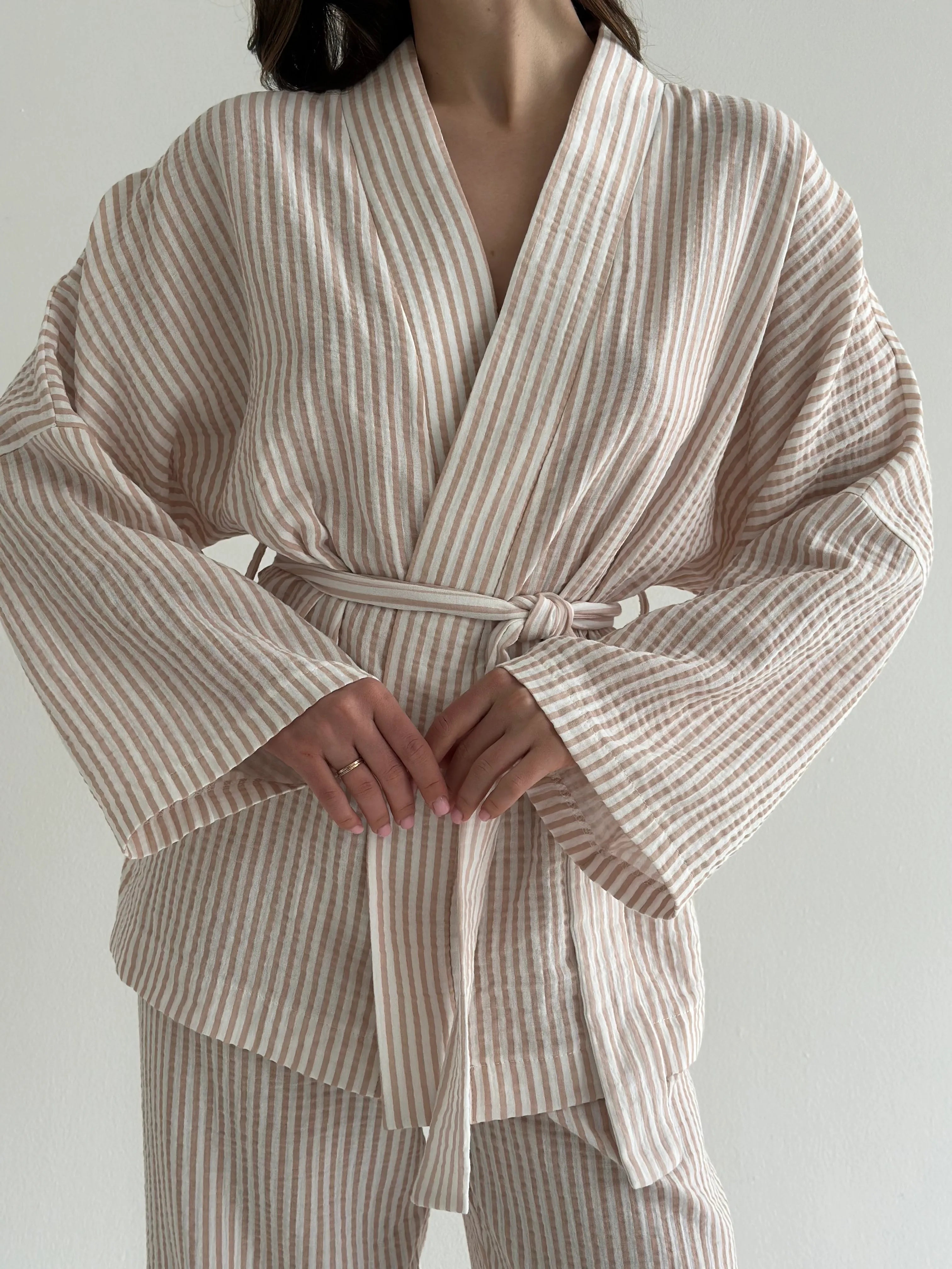 Muslin set 2-layer kimono and pants striped beige