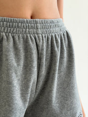 Velour sports suit with zip-up jacket and striped shorts, grey melange