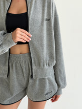 Velour sports suit with zip-up jacket and striped shorts, grey melange