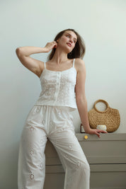 Pants Mono brocade openwork design "flower"