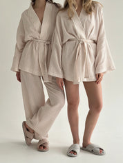 Muslin set 2-layer kimono and pants striped beige