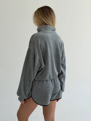 Velour sports suit with zip-up jacket and striped shorts, grey melange