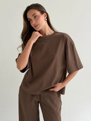 Knitwear suit T-shirt and pants, brown