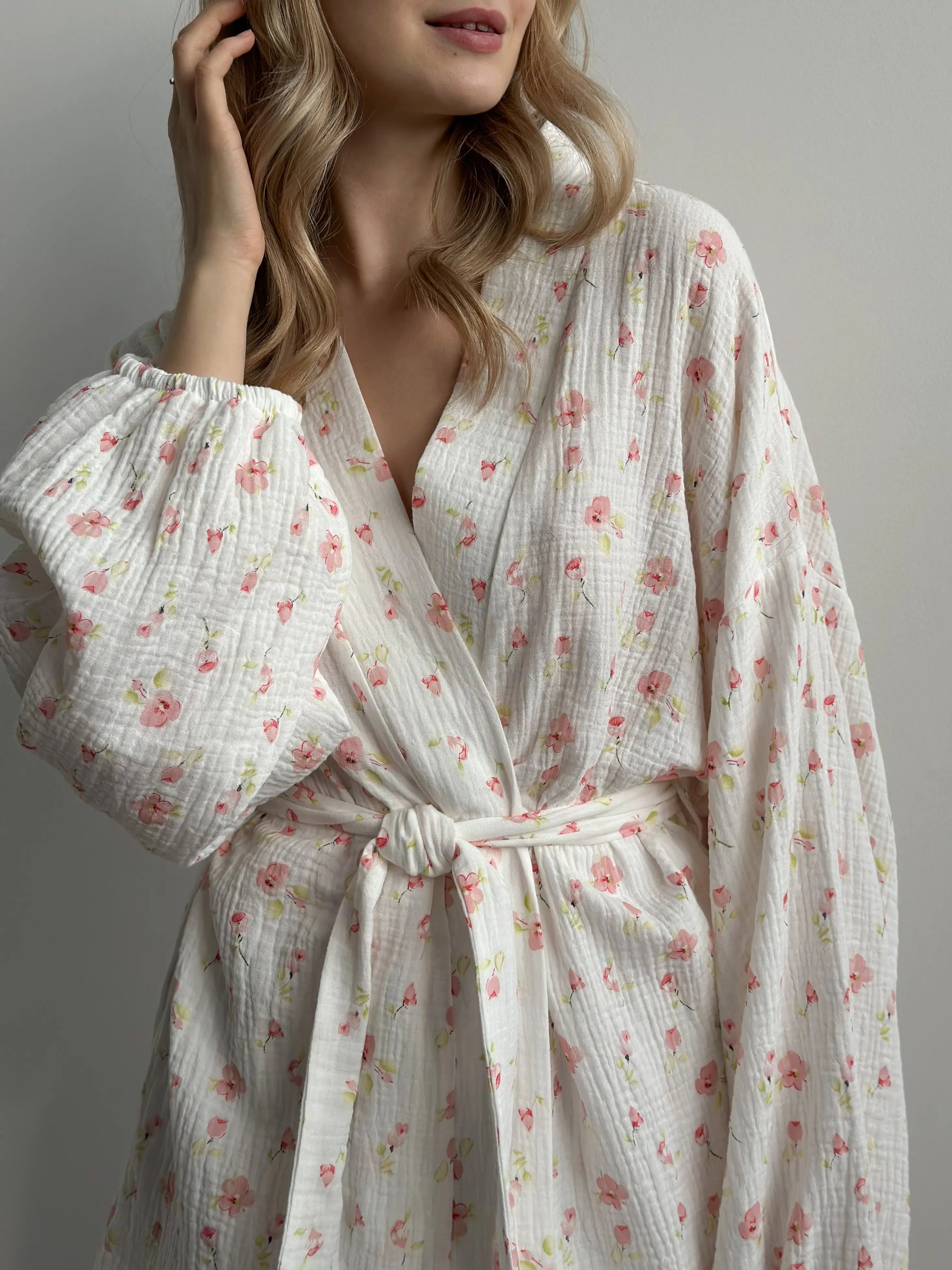 Kimono suit with shorts muslin flowers watercolor on white
