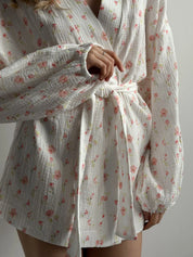 Kimono suit with shorts muslin flowers watercolor on white