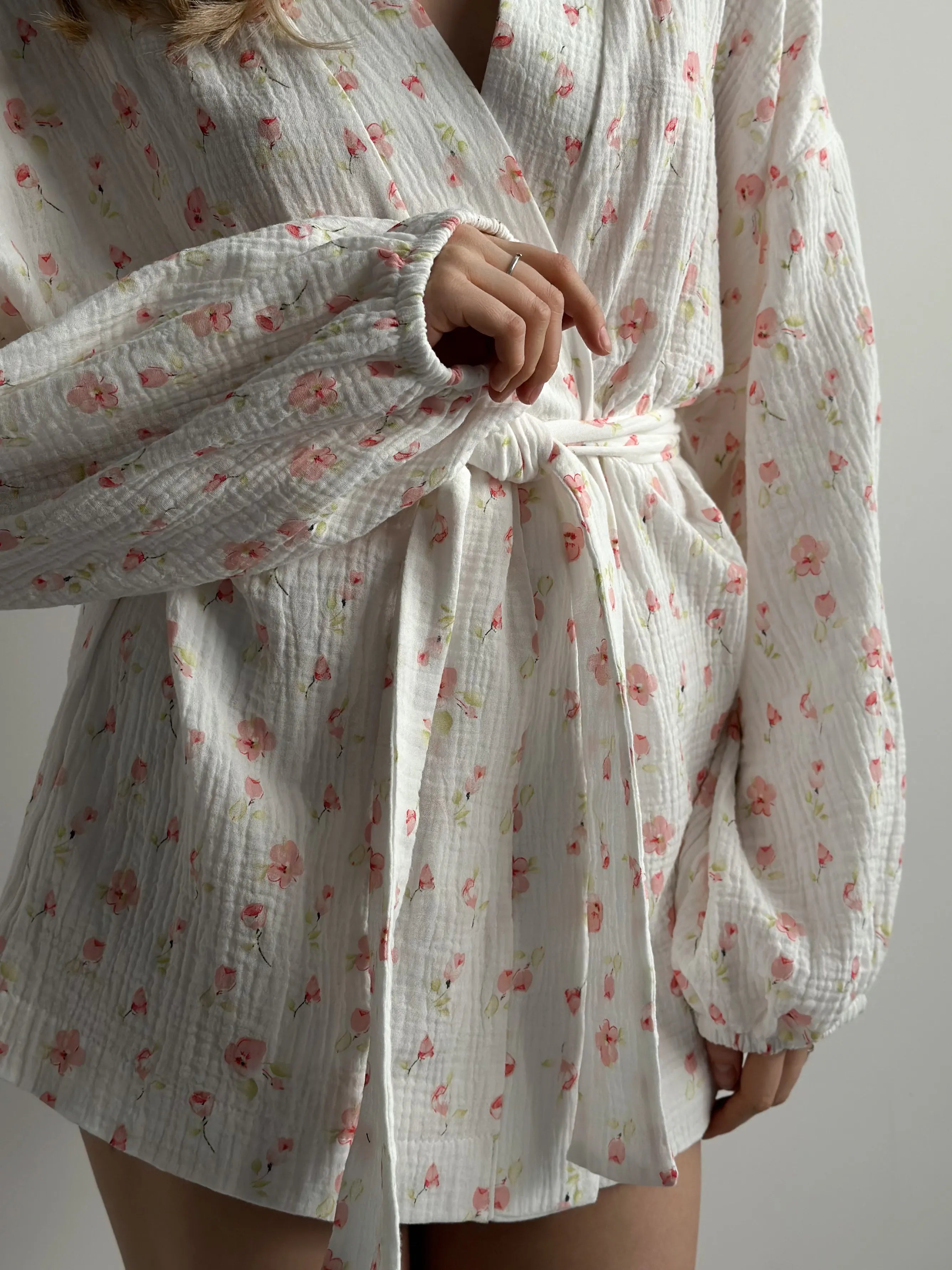 Kimono suit with shorts muslin flowers watercolor on white