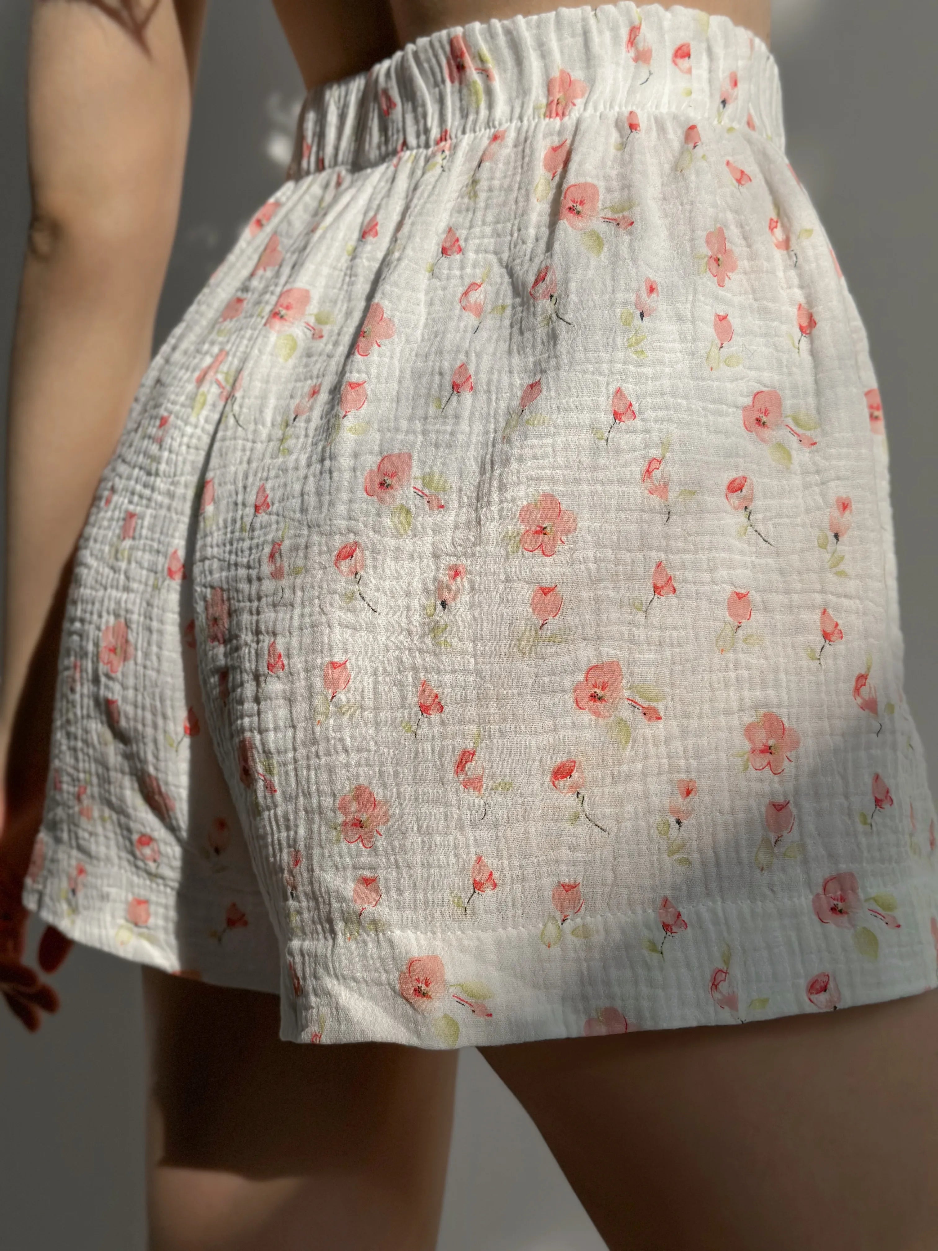 Kimono suit with shorts muslin flowers watercolor on white