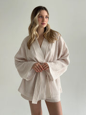 Muslin set 2-layer kimono and shorts striped beige