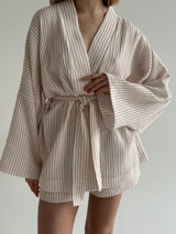 Muslin set 2-layer kimono and shorts striped beige