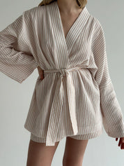 Muslin set 2-layer kimono and shorts striped beige