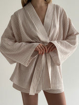 Muslin set 2-layer kimono and shorts striped beige