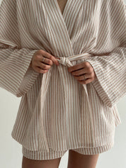 Muslin set 2-layer kimono and shorts striped beige