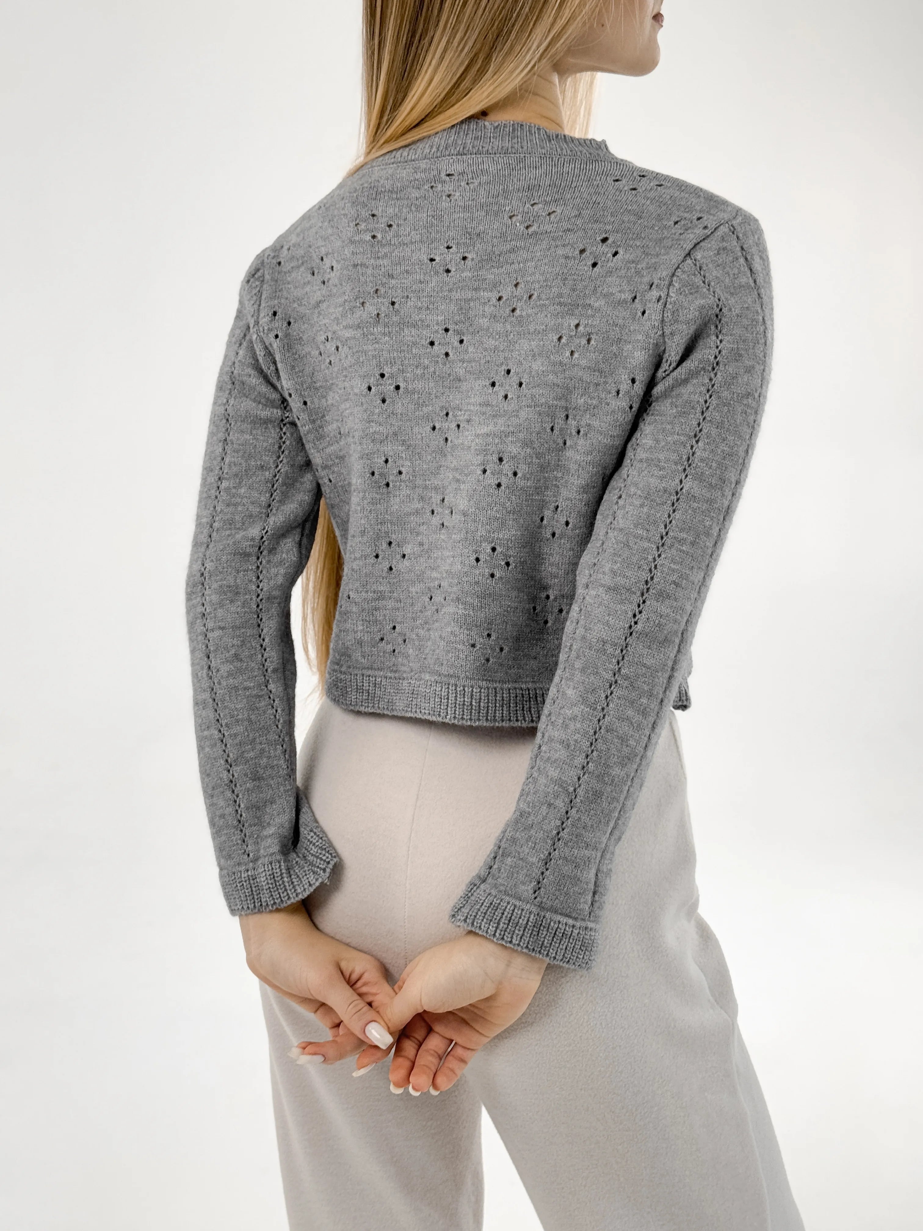 Soft cropped openwork cardigan gray